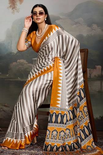 Printed ajrakh satin crepe saree – traditional art with a modern touch