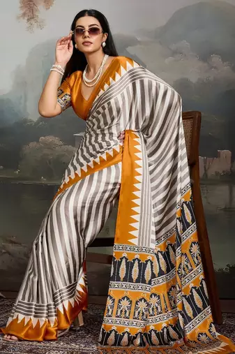 Printed ajrakh satin crepe saree – traditional art with a modern touch