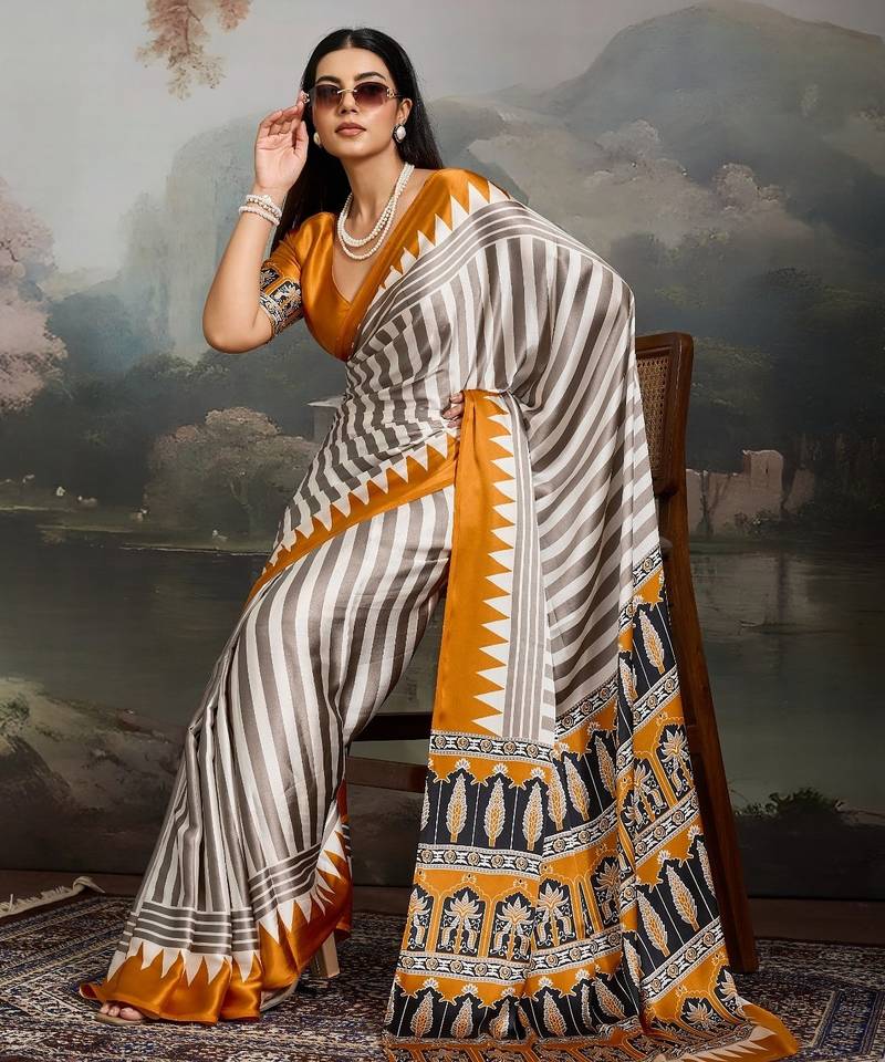 Printed ajrakh satin crepe saree – traditional art with a modern touch