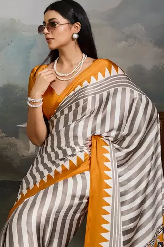 Printed ajrakh satin crepe saree  art with a modern touch