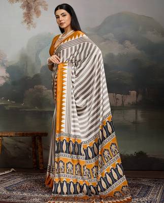 Printed ajrakh satin crepe saree  art with a modern touch 3