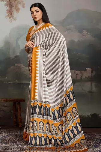 Printed ajrakh satin crepe saree  art with a modern touch