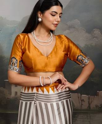 Printed ajrakh satin crepe saree  art with a modern touch 4