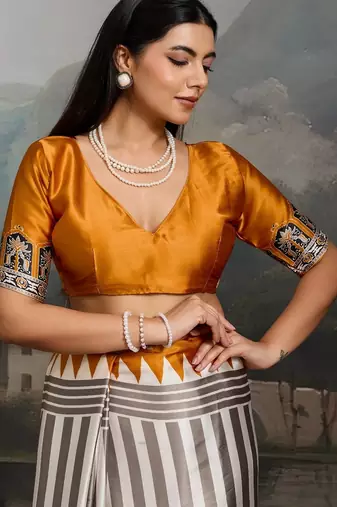 Printed ajrakh satin crepe saree  art with a modern touch