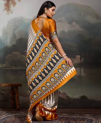 Printed ajrakh satin crepe saree  art with a modern touch 5