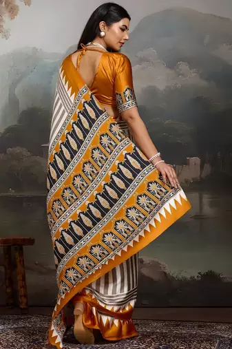 Printed ajrakh satin crepe saree  art with a modern touch
