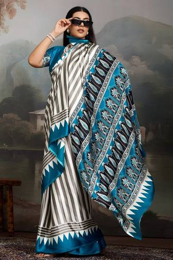 Printed ajrakh satin crepe saree – traditional art with a modern touch