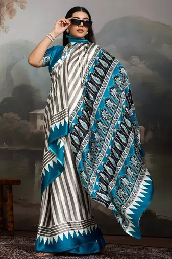 Printed ajrakh satin crepe saree – traditional art with a modern touch