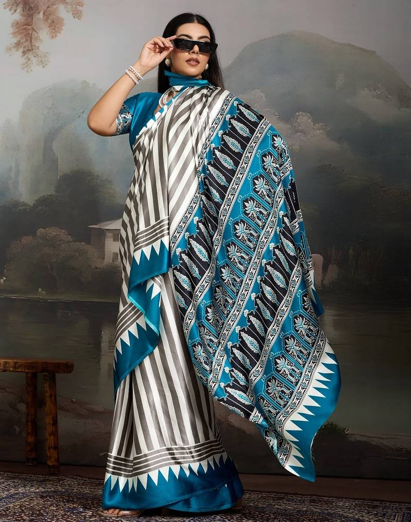 Printed ajrakh satin crepe saree – traditional art with a modern touch
