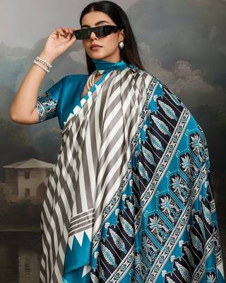 Printed ajrakh satin crepe saree  art with a modern touch 3