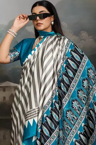 Printed ajrakh satin crepe saree  art with a modern touch