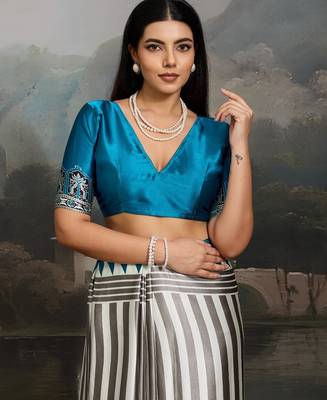 Printed ajrakh satin crepe saree  art with a modern touch 4