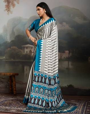 Printed ajrakh satin crepe saree  art with a modern touch 5
