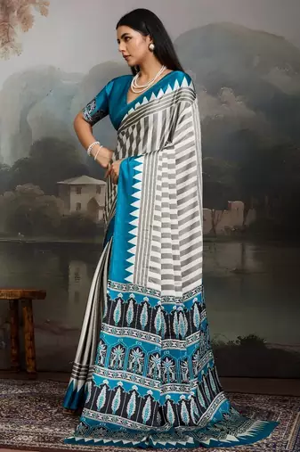 Printed ajrakh satin crepe saree  art with a modern touch