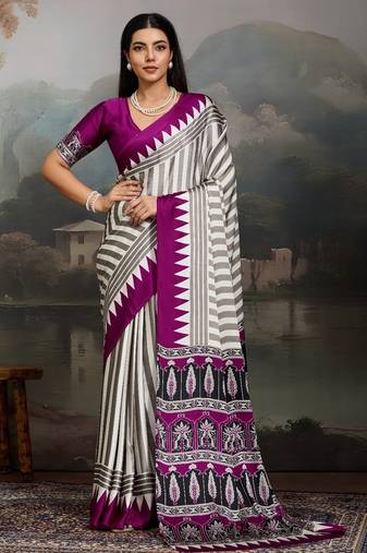 Printed ajrakh satin crepe saree – traditional art with a modern touch