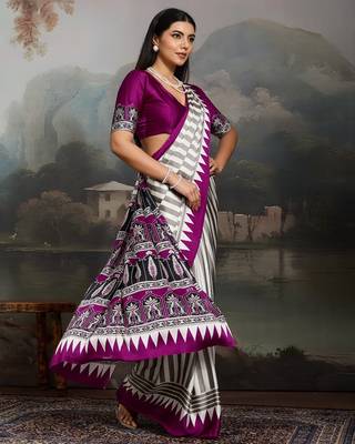 Printed ajrakh satin crepe saree  art with a modern touch 3