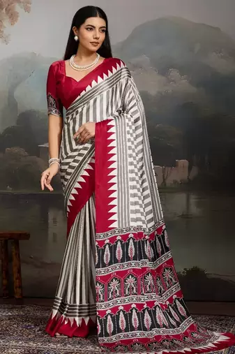 Printed ajrakh satin crepe saree – traditional art with a modern touch