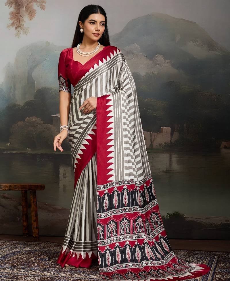 Printed ajrakh satin crepe saree – traditional art with a modern touch