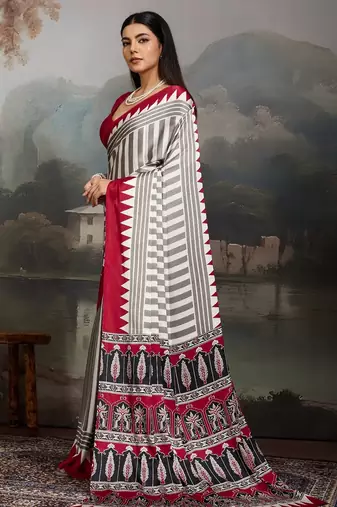 Printed ajrakh satin crepe saree  art with a modern touch