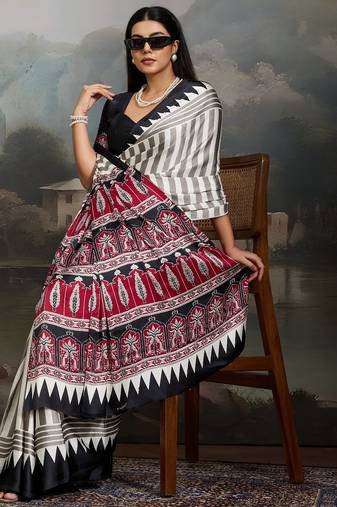 Printed ajrakh satin crepe saree – traditional art with a modern touch