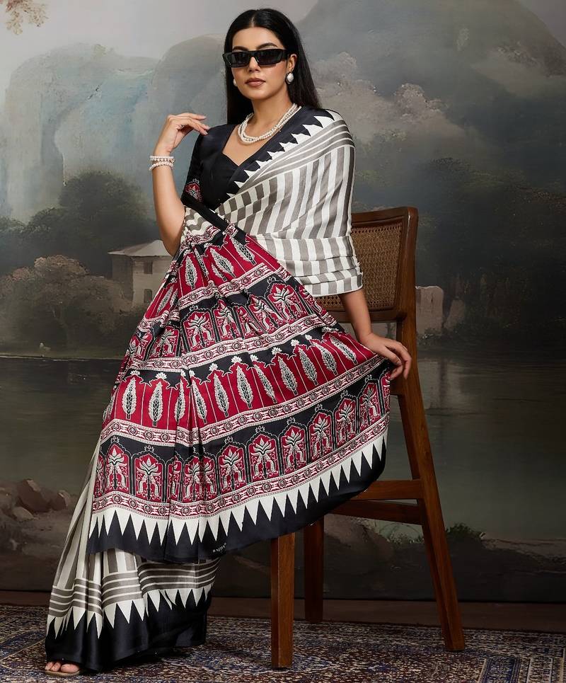 Printed ajrakh satin crepe saree – traditional art with a modern touch