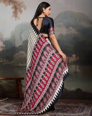 Printed ajrakh satin crepe saree  art with a modern touch 2