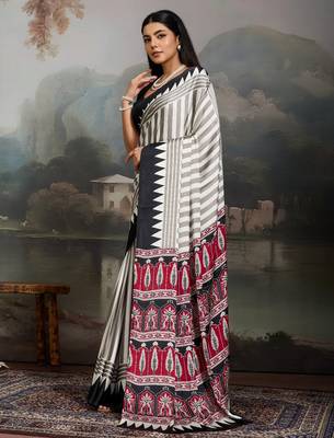 Printed ajrakh satin crepe saree  art with a modern touch 3
