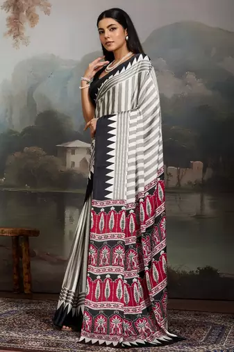 Printed ajrakh satin crepe saree  art with a modern touch
