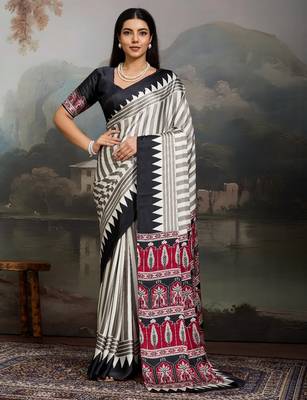 Printed ajrakh satin crepe saree  art with a modern touch 4