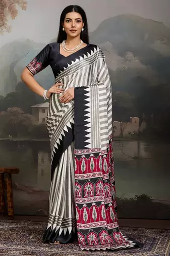Printed ajrakh satin crepe saree  art with a modern touch
