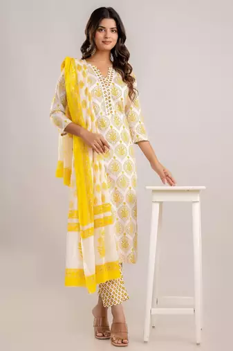 Yellow White Floral Block Printed Indian Readymade Straight Salwar Kameez Kurti Pant Dupatta Set