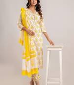 Yellow White Floral Block Printed Indian Readymade Straight Salwar Kameez Kurti Pant Dupatta Set