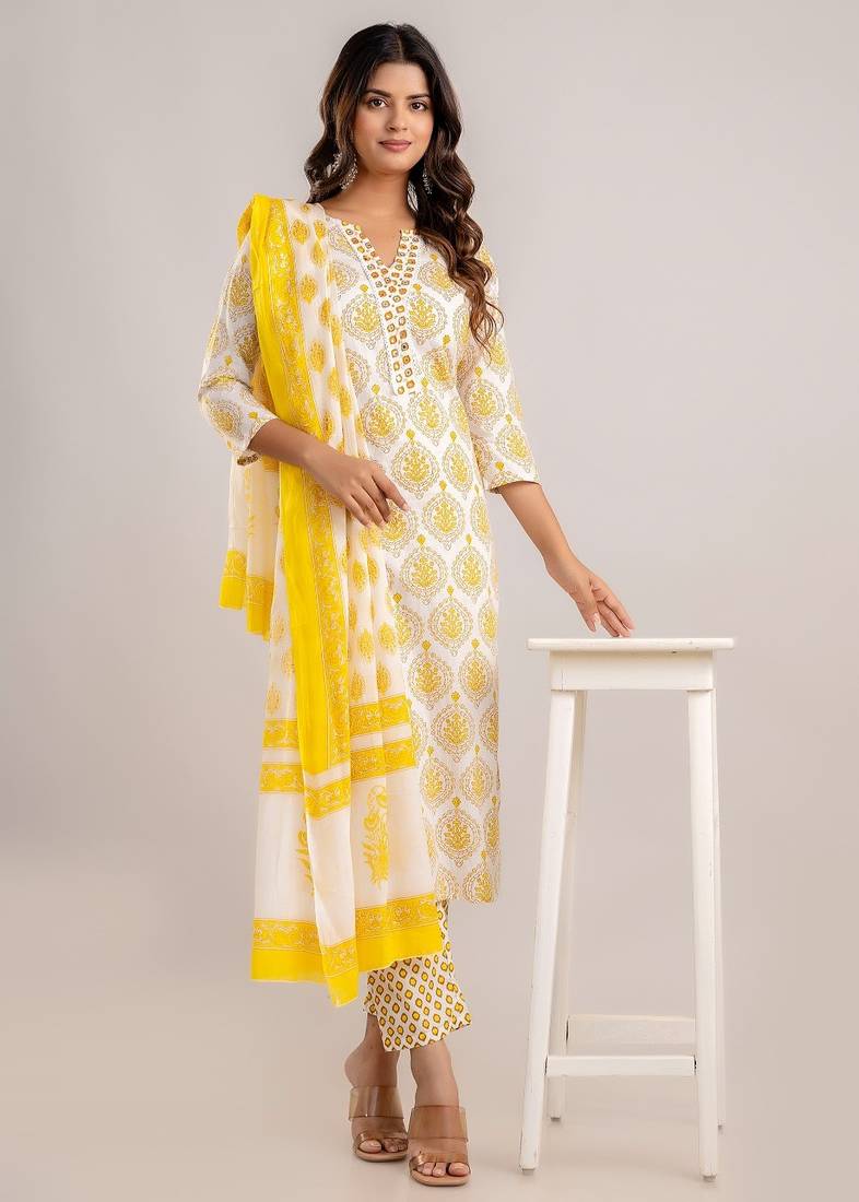 Yellow White Floral Block Printed Indian Readymade Straight Salwar Kameez Kurti Pant Dupatta Set