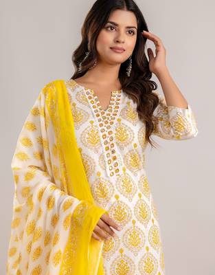 Yellow White Floral Block Printed Indian Readymade Straight Salwar Kameez Kurti Pant Dupatta Set 2