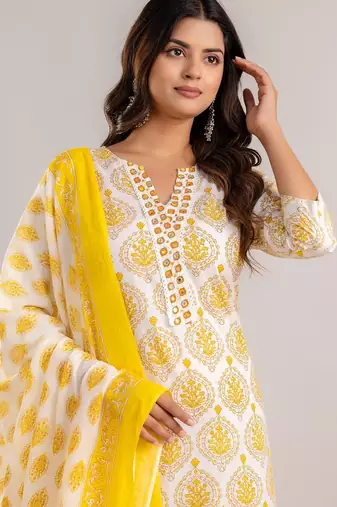 Yellow White Floral Block Printed Indian Readymade Straight Salwar Kameez Kurti Pant Dupatta Set