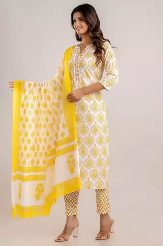 Yellow White Floral Block Printed Indian Readymade Straight Salwar Kameez Kurti Pant Dupatta Set