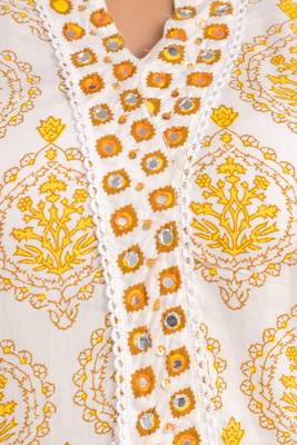 Yellow White Floral Block Printed Indian Readymade Straight Salwar Kameez Kurti Pant Dupatta Set 4
