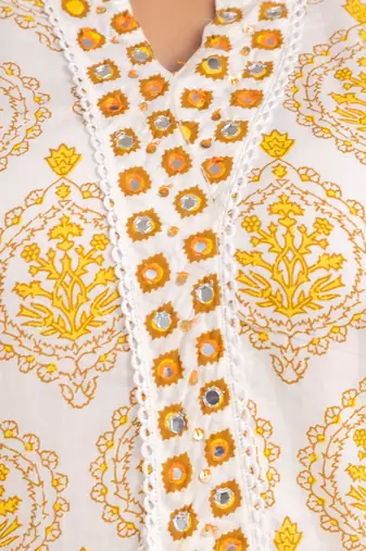 Yellow White Floral Block Printed Indian Readymade Straight Salwar Kameez Kurti Pant Dupatta Set
