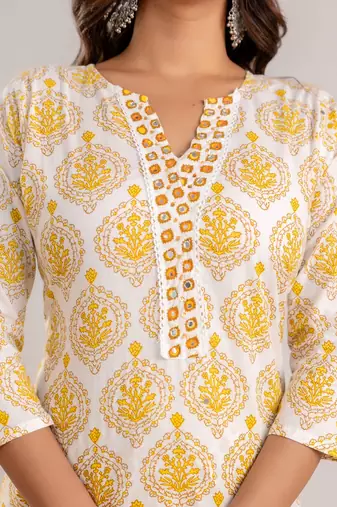 Yellow White Floral Block Printed Indian Readymade Straight Salwar Kameez Kurti Pant Dupatta Set