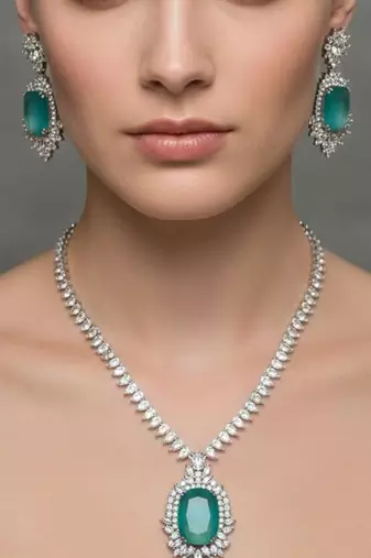 Green silver plated necklace with earring