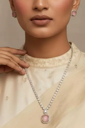 Pink silver plated necklace with earring