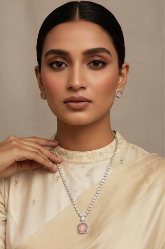 Pink silver plated necklace with earring