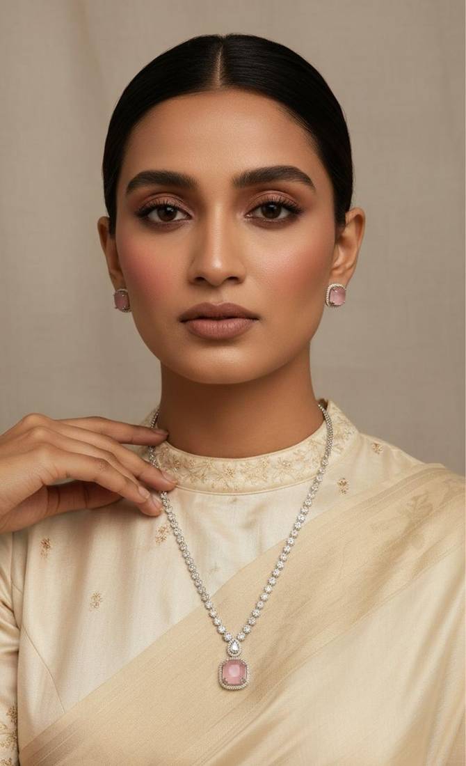 Pink silver plated necklace with earring