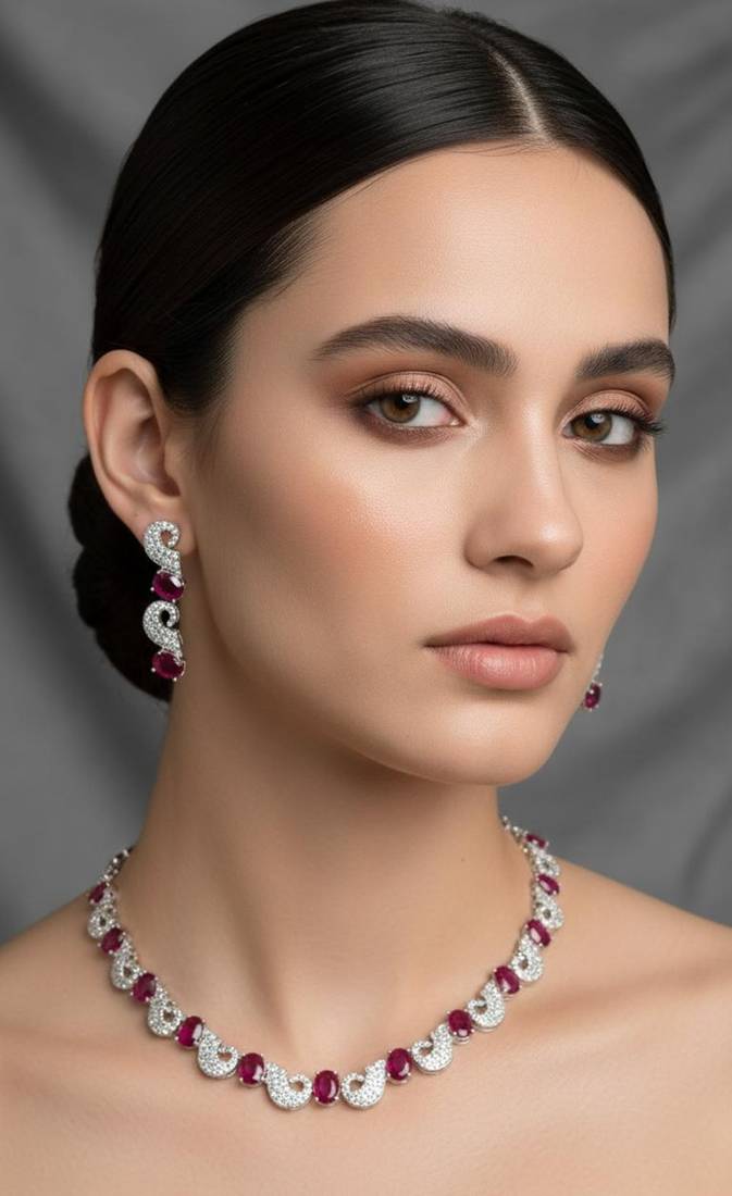 Maroon stone necklace with earring