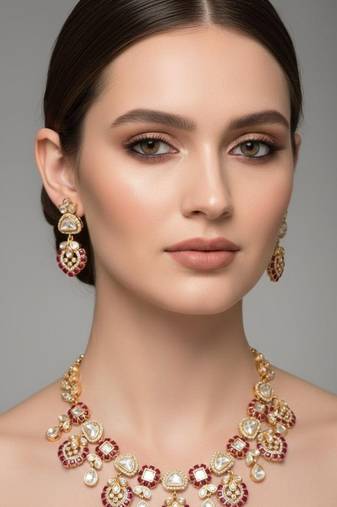 Maroon beaded necklace with earring