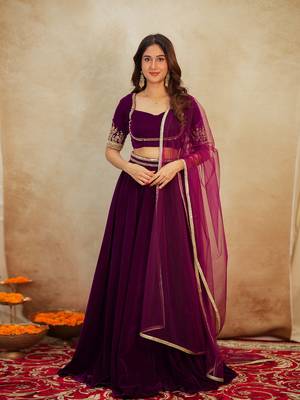 Purple Velvet Embroidery Sequence Work Lehenga Choli Blouse with Dupatta For Women 1