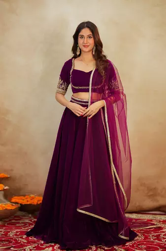 Purple Velvet Embroidery Sequence Work Lehenga Choli Blouse with Dupatta For Women