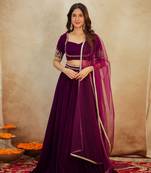 Purple Velvet Embroidery Sequence Work Lehenga Choli Blouse with Dupatta For Women