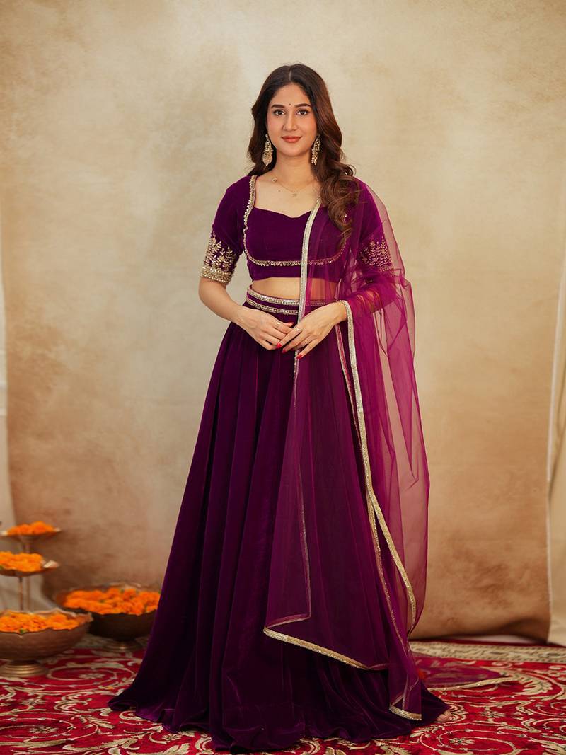 Purple Velvet Embroidery Sequence Work Lehenga Choli Blouse with Dupatta For Women