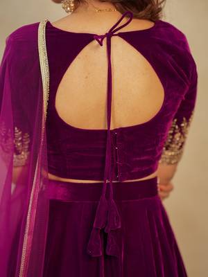 Purple Velvet Embroidery Sequence Work Lehenga Choli Blouse with Dupatta For Women 2